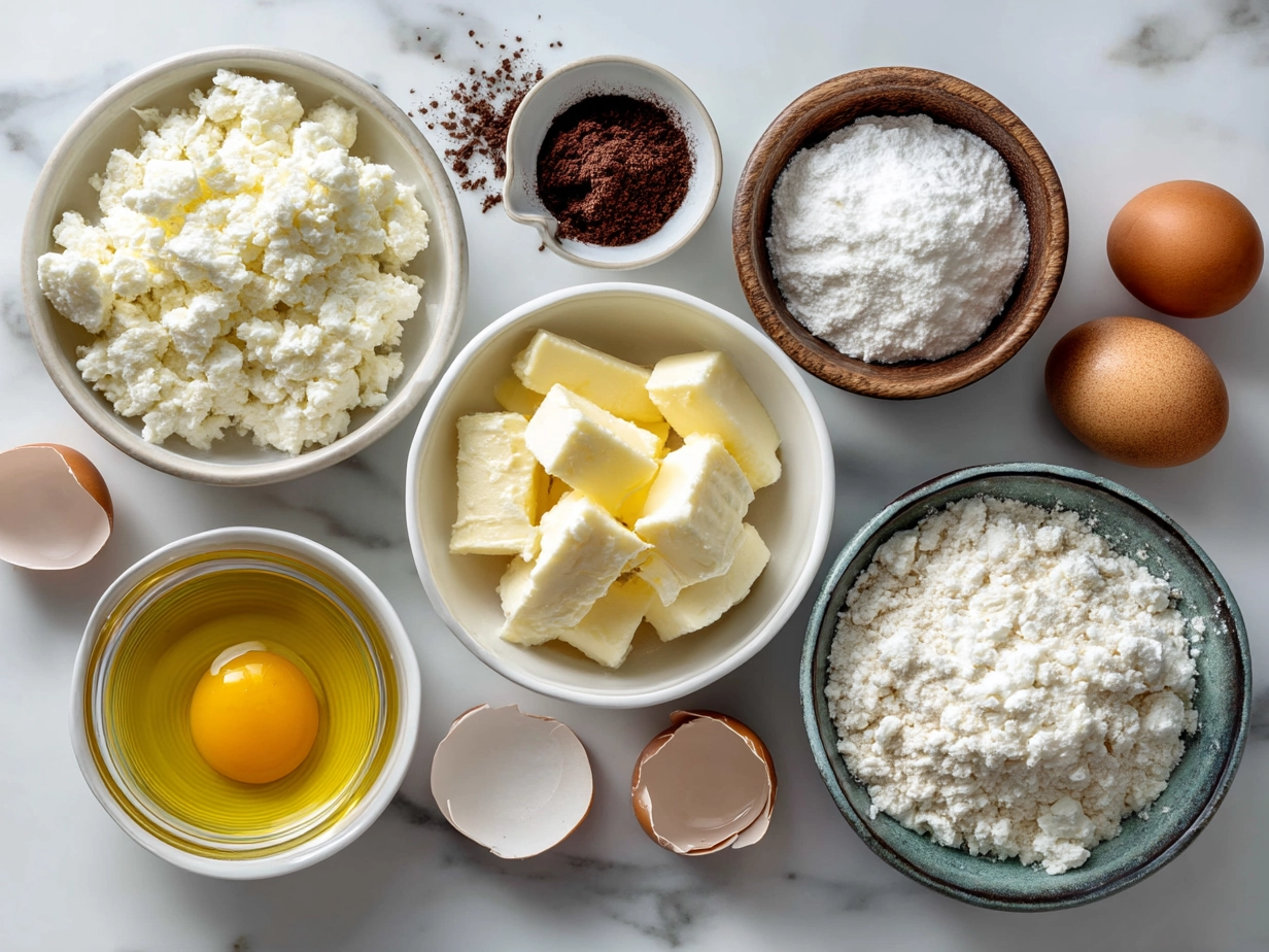 Top down view of raw ingredients for cottage cheese egg bites on marble surface