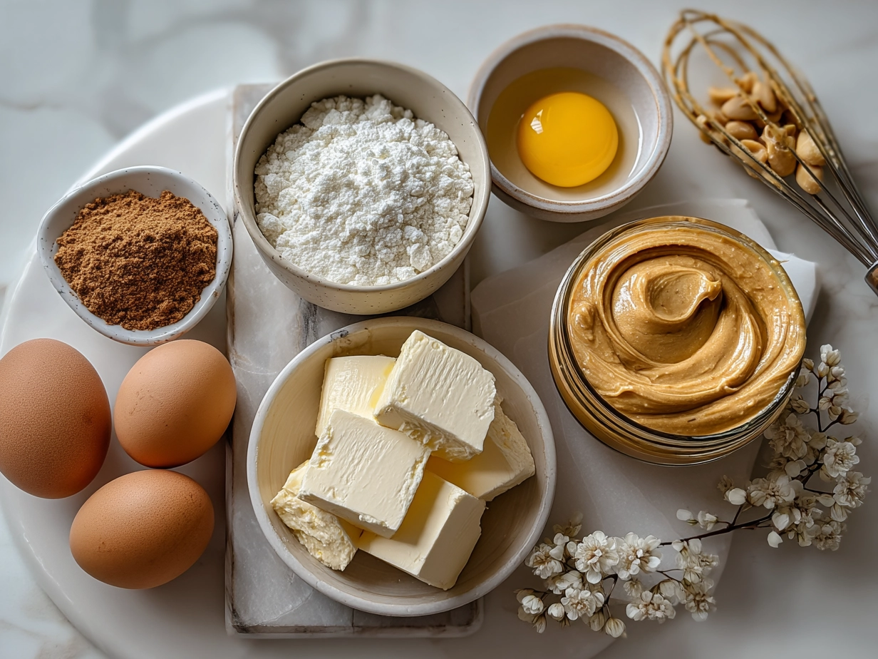 Top down view of raw ingredients for cottage cheese peanut butter mousse including cottage cheese, peanut butter, honey, vanilla extract, milk, and sea salt