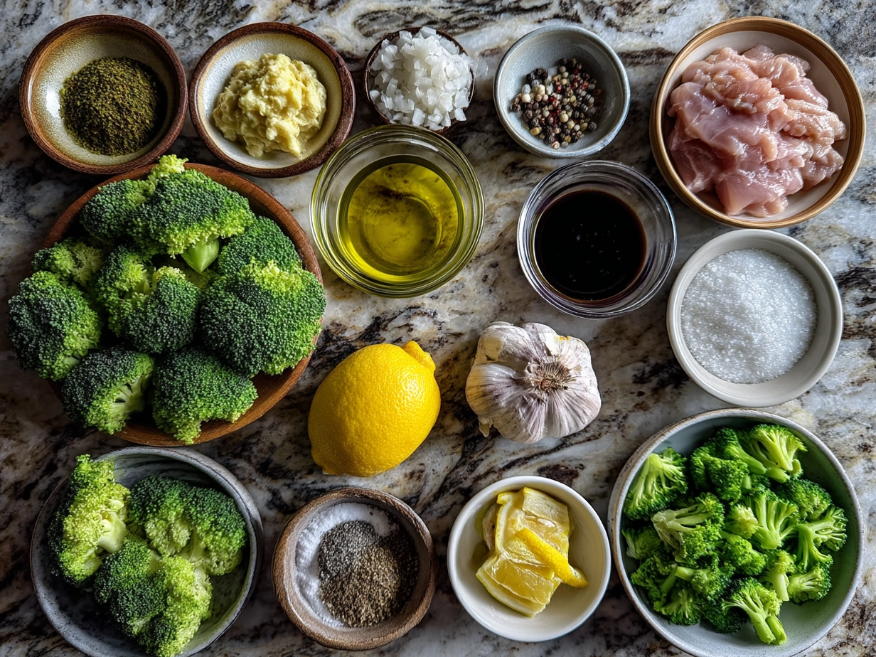 Raw ingredients for Cowboy Butter Lemon Bowtie Chicken with Broccoli laid out on marble surface