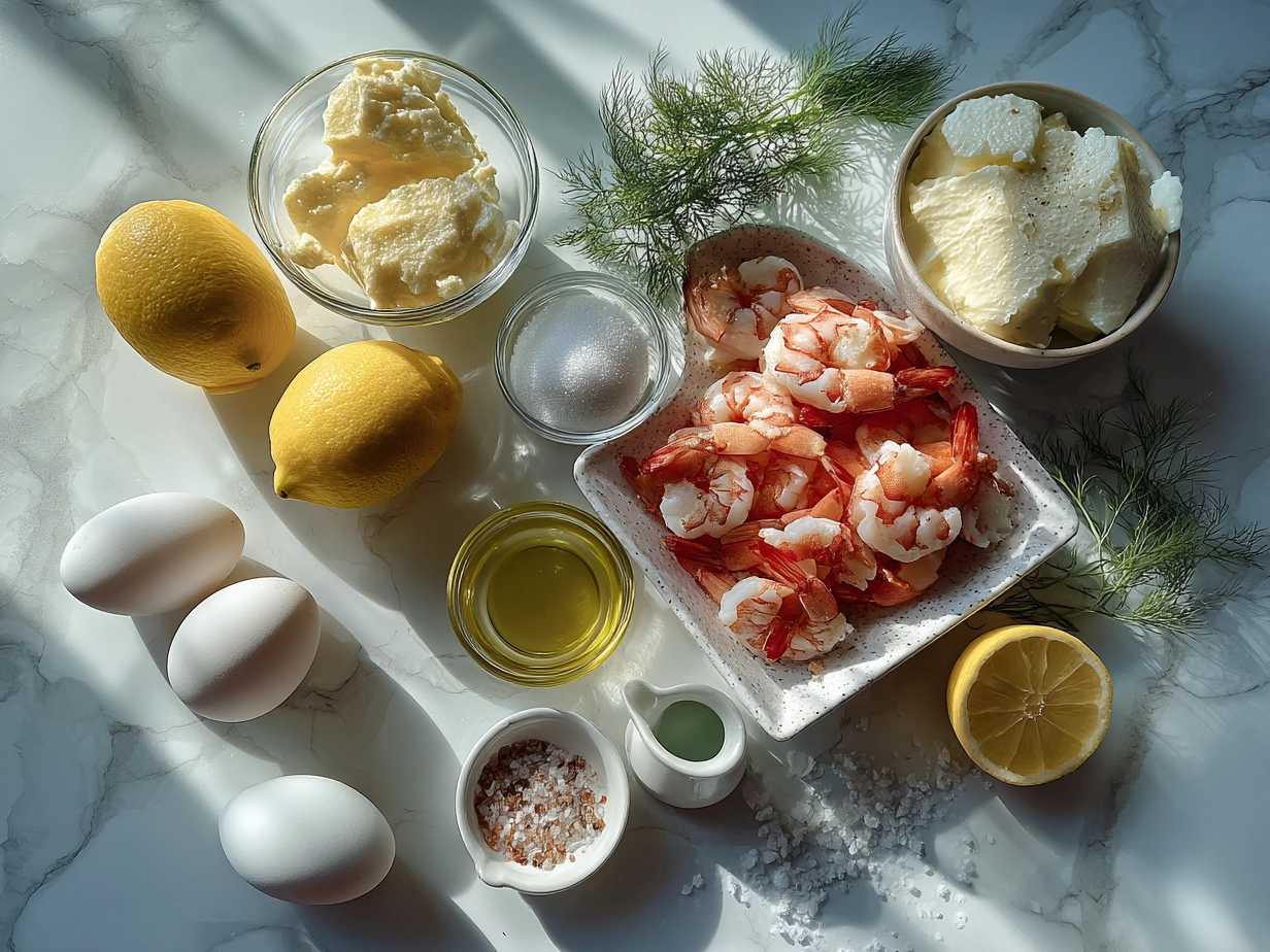 Top-down view of raw ingredients for Crab Shrimp Queso on a marble surface