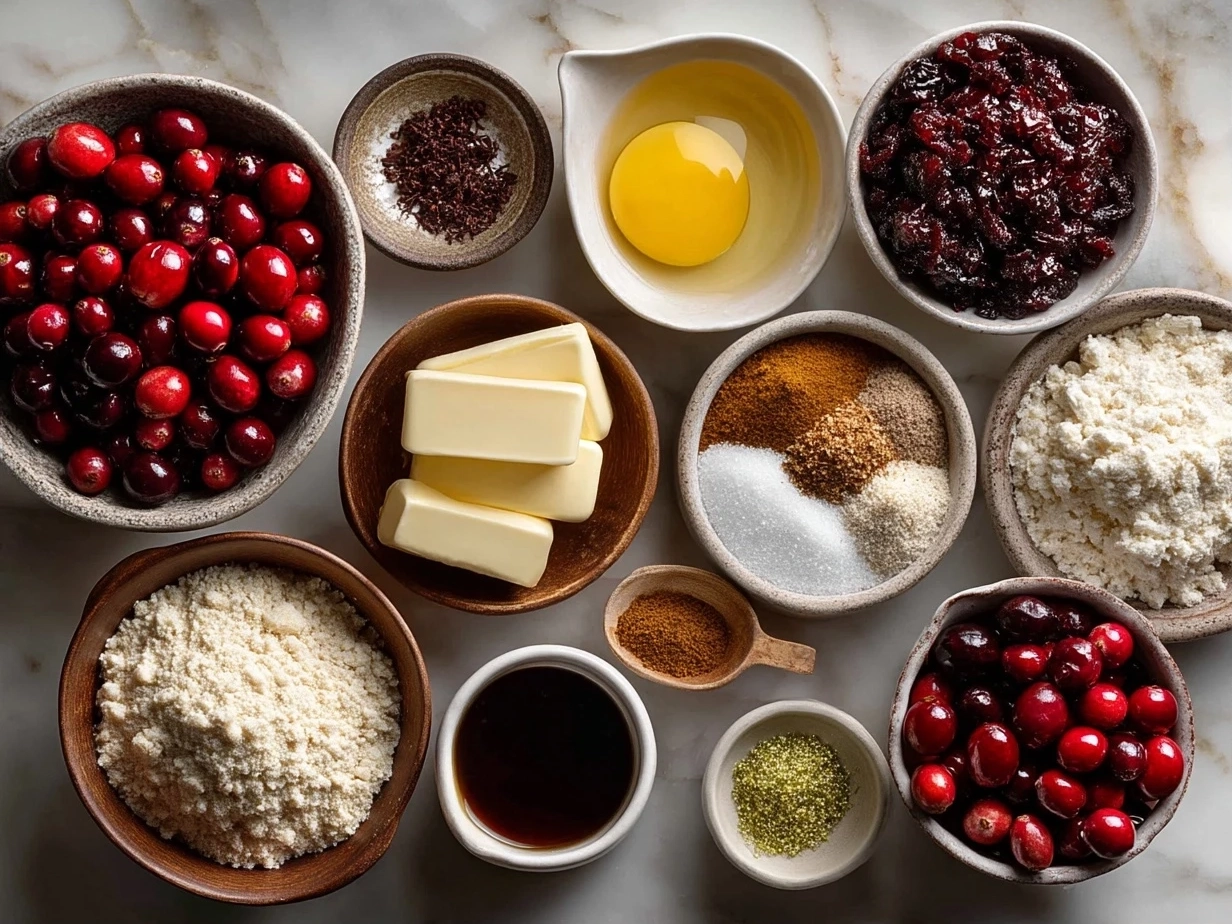 Raw ingredients for cranberry bread laid out including flour, sugar, cranberries, walnuts, yogurt, eggs, oil, orange zest, and vanilla