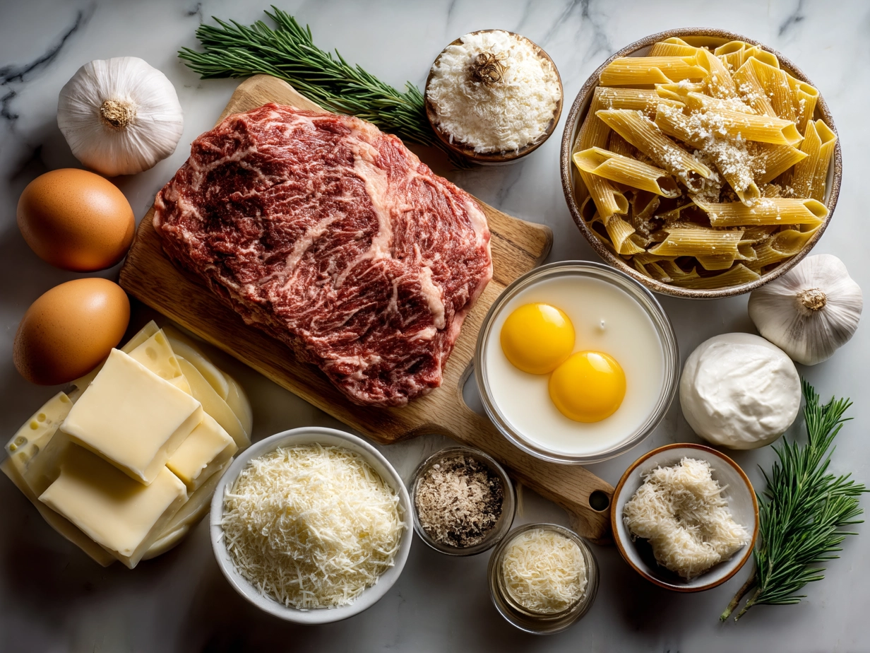Top down raw ingredients for creamy beef pasta on marble kitchen counter - organized mise en place