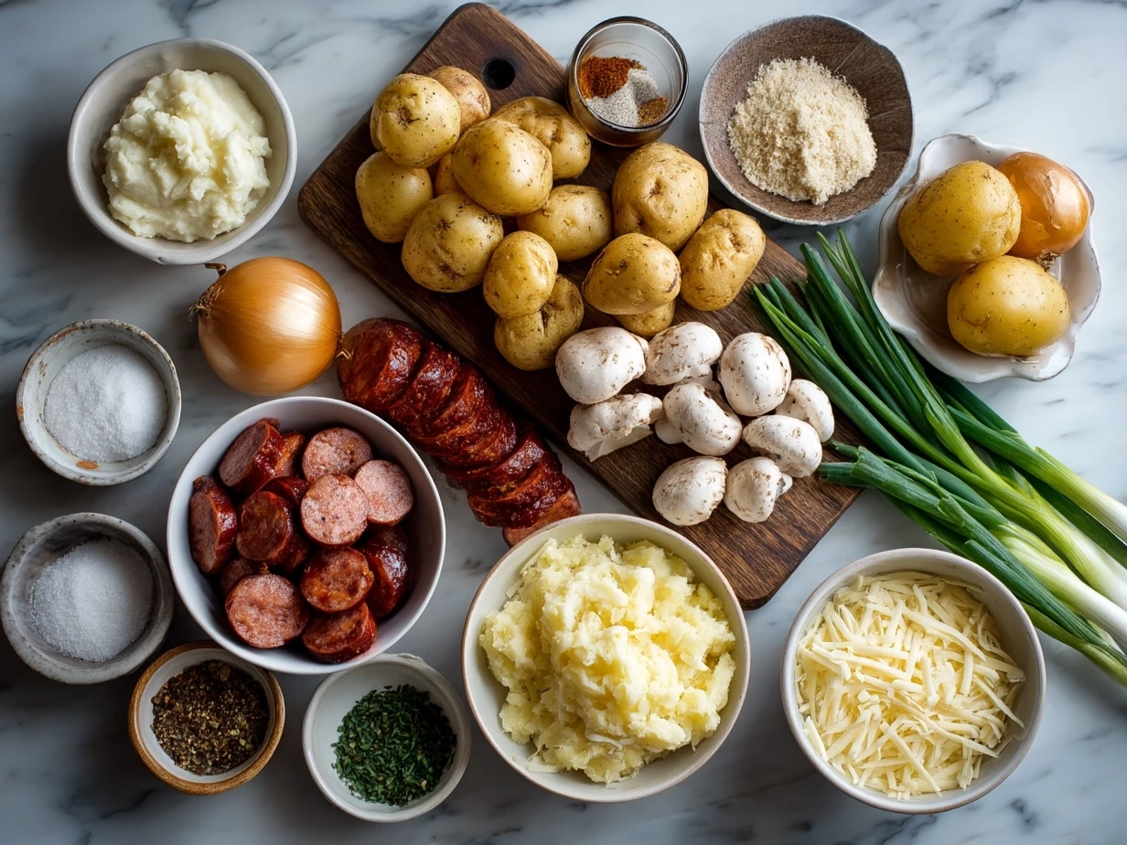 Ingredients for Creamy Cajun Potato Soup with Andouille Sausage on a white marble background