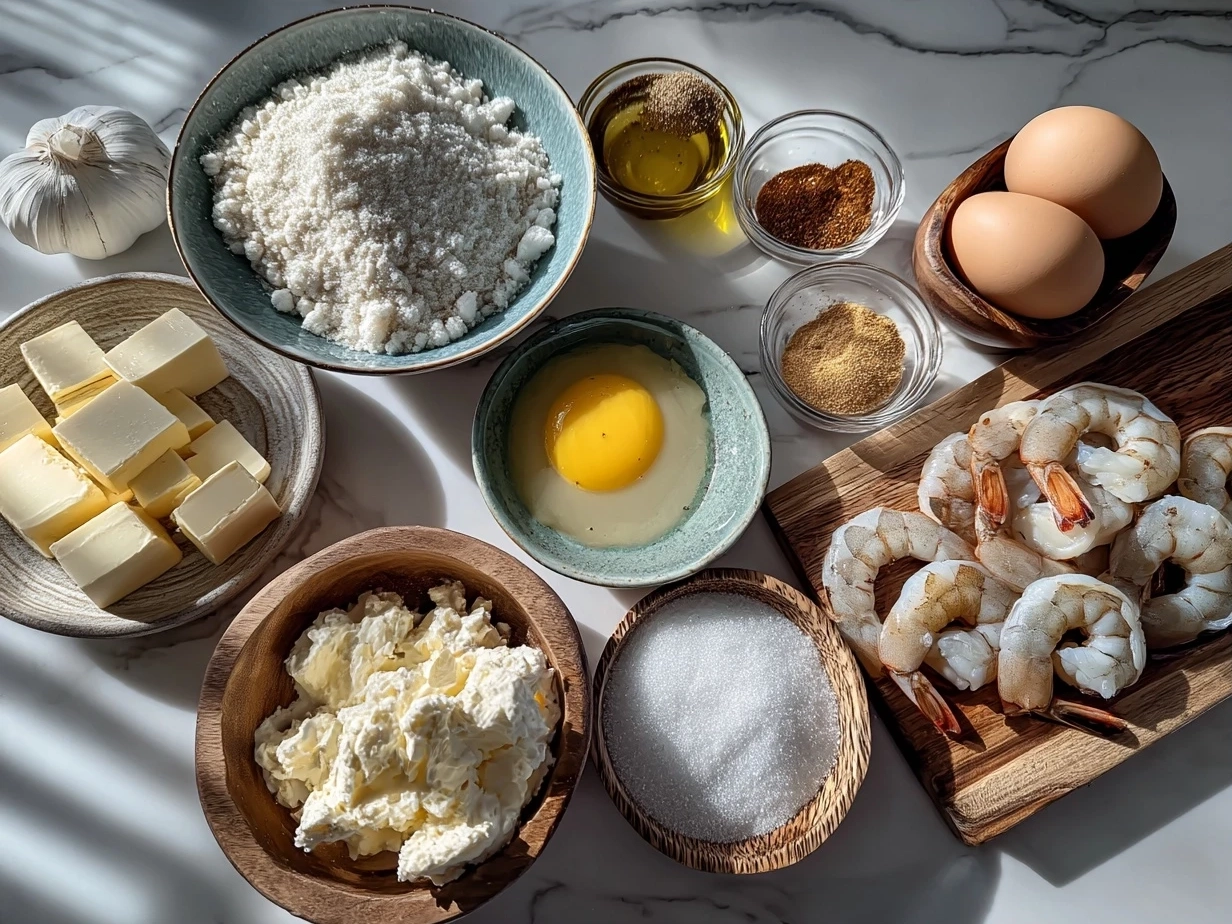 Top down raw ingredients for creamy garlic butter shrimp on marble surface