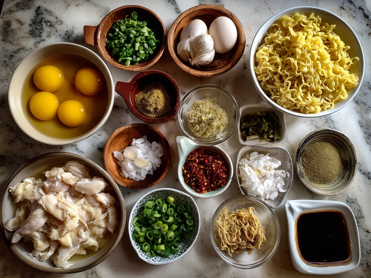 Top down raw ingredients for creamy garlic chicken ramen on marble surface