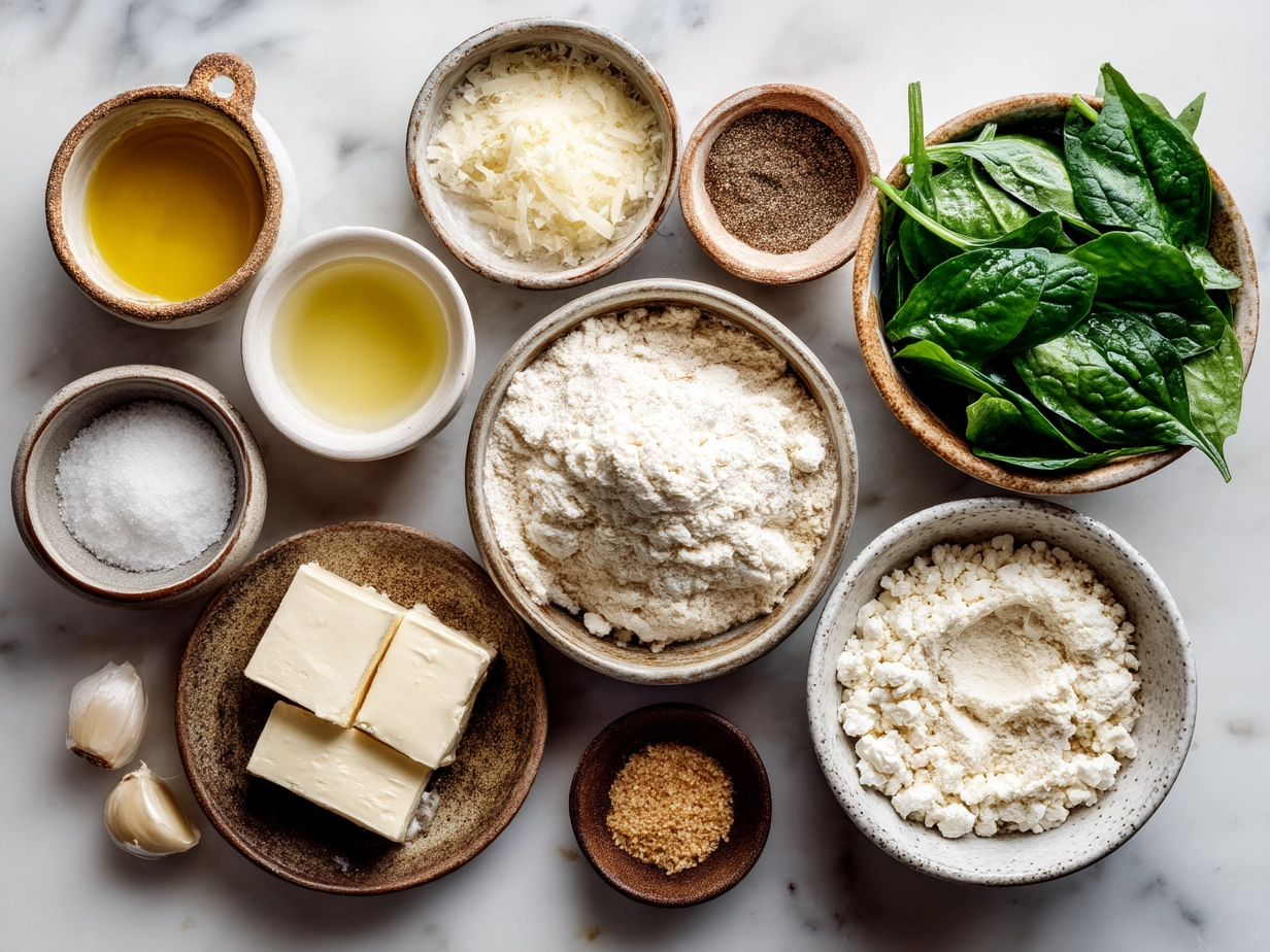 Top down view of raw ingredients for creamy gnocchi with spinach and feta including gnocchi, spinach, feta cheese, and cream