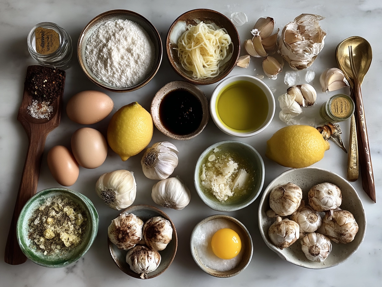 Top down view of raw ingredients for creamy roast garlic and lemon pasta sauce including garlic, lemon, yogurt, parmesan, and herbs