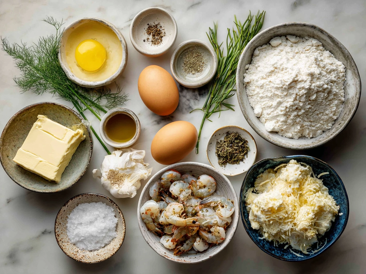 Top down raw ingredients for creamy seafood gratin on marble surface
