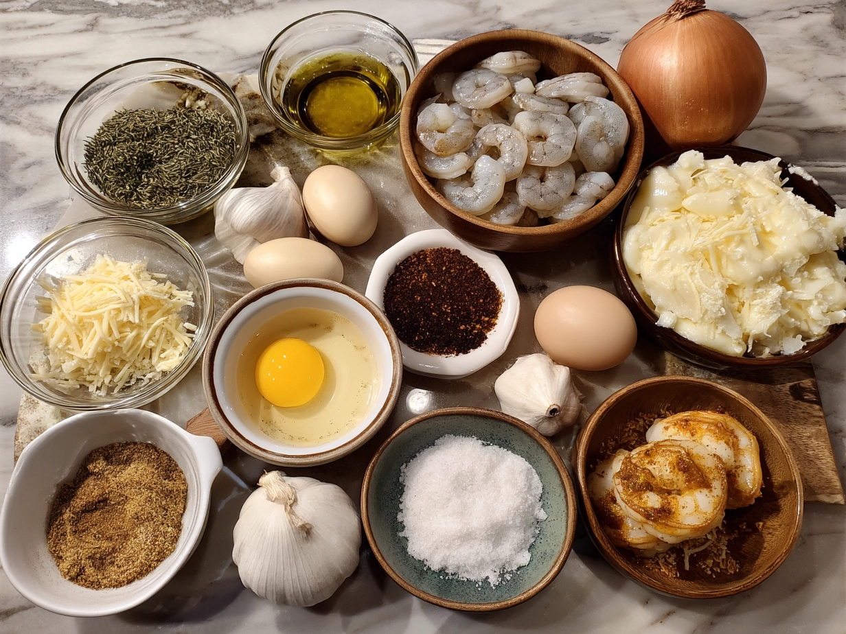 Top down raw ingredients for creamy shrimp casserole on white marble surface