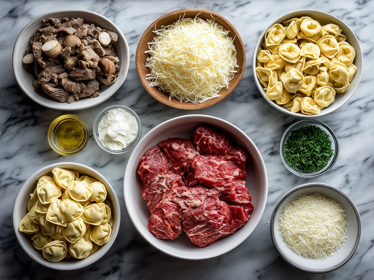Ingredients for Crock Pot Cheesesteak Tortellini arranged on marble countertop