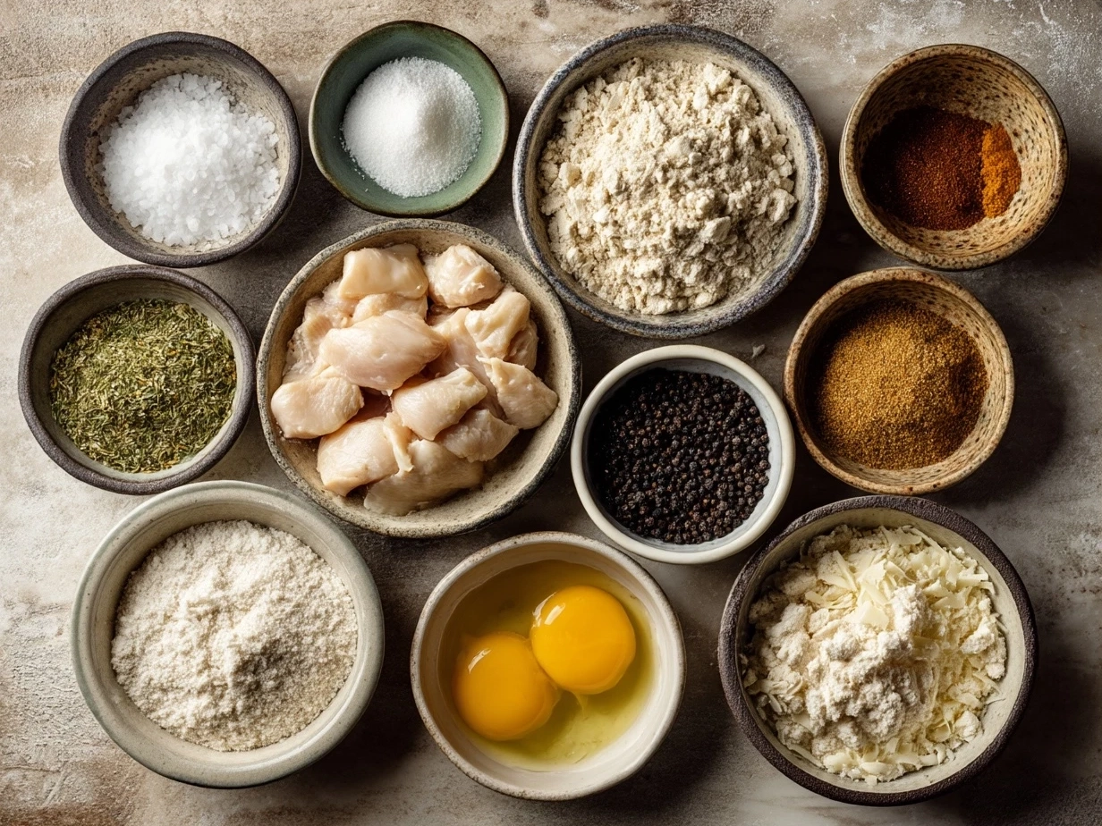 Raw ingredients laid out for Crock Pot Creamy Cajun Chicken Pasta including chicken, bell peppers, spices, and pasta
