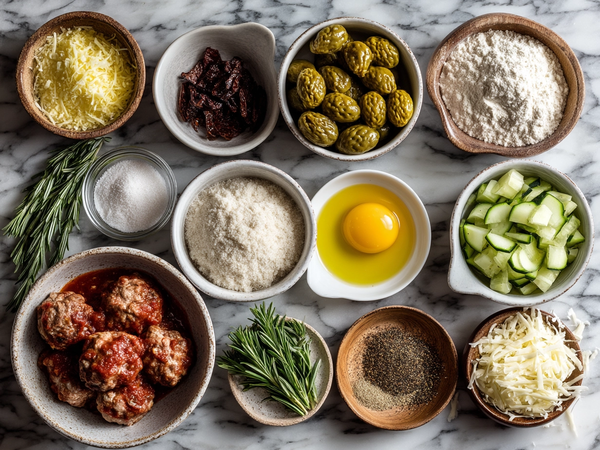 Top-down view of raw ingredients for Dump-and-Bake Meatball Casserole including ground beef, frozen meatballs, marinara sauce, onions, bell peppers, cheese, and pasta