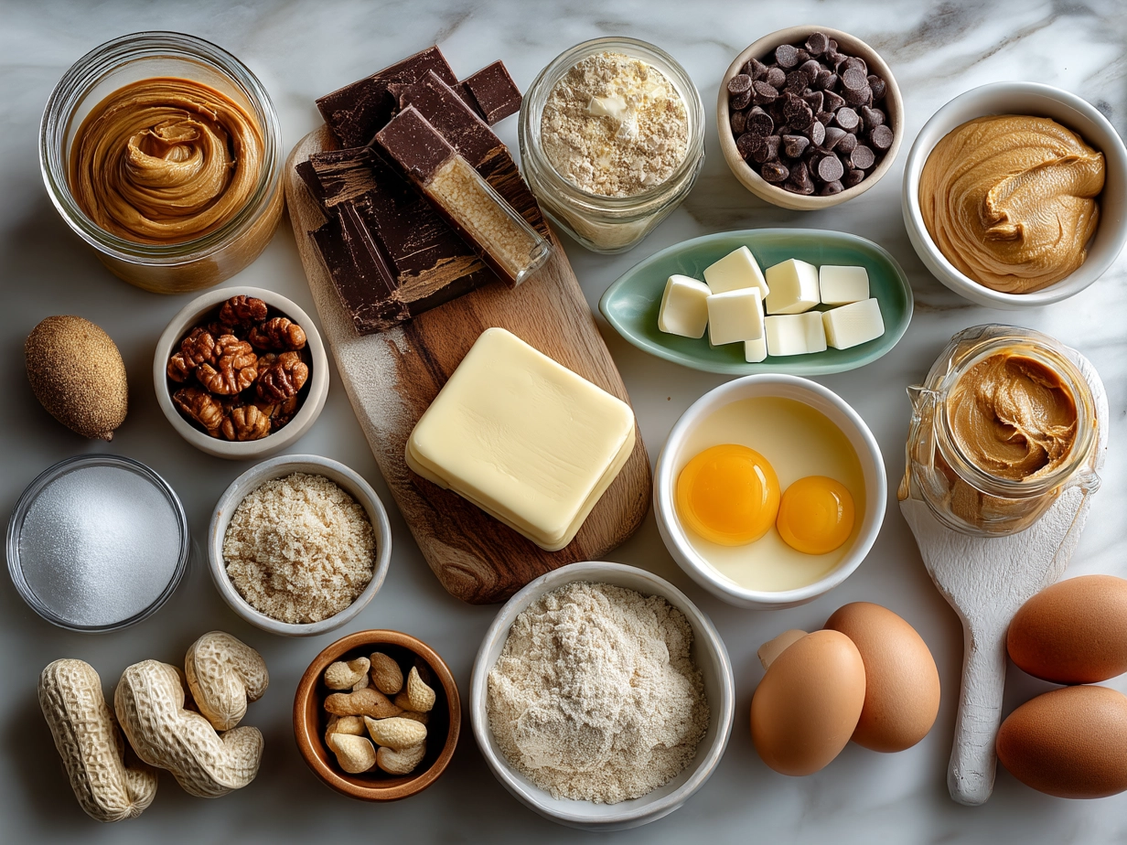 Top down view of raw ingredients for Easter peanut butter eggs on marble countertop