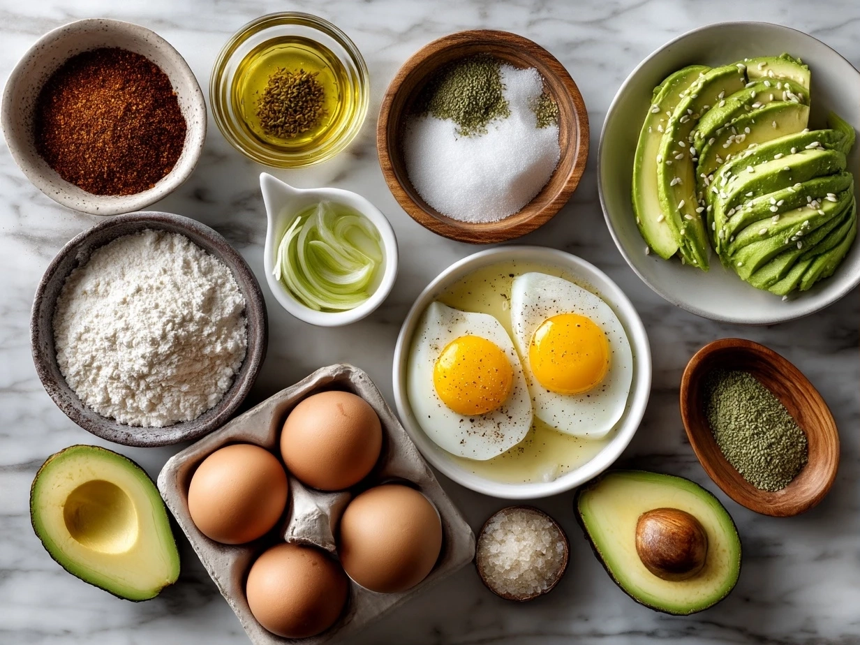 Top down raw ingredients for egg avocado salad on white marble