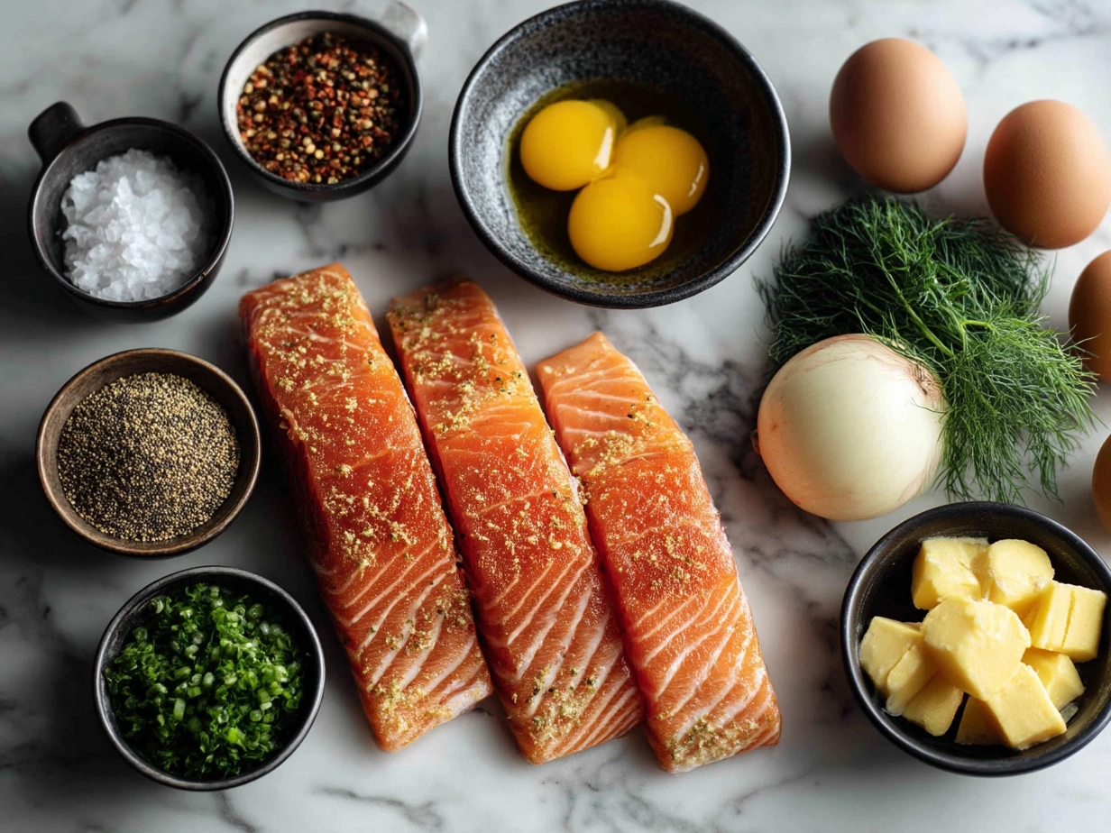 Top down view of raw ingredients for Finnish Salmon Soup including salmon, potatoes, onion, and dill