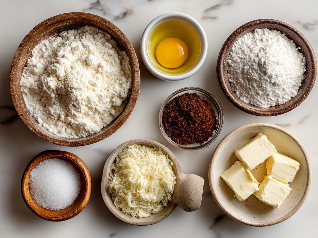 Top down view of raw ingredients for fluffy pancakes on a table