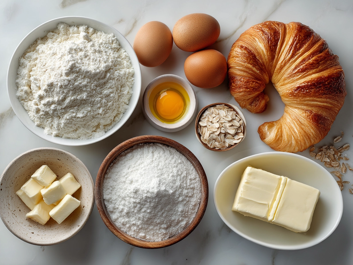 Top-down view of raw ingredients for French Croissant arranged on marble surface