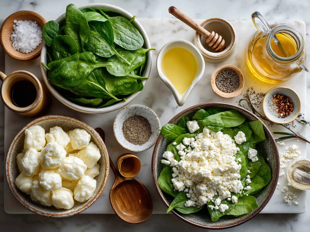 Top down view of raw ingredients for Gnocchi with Spinach and Feta including spinach, feta, gnocchi, and garlic