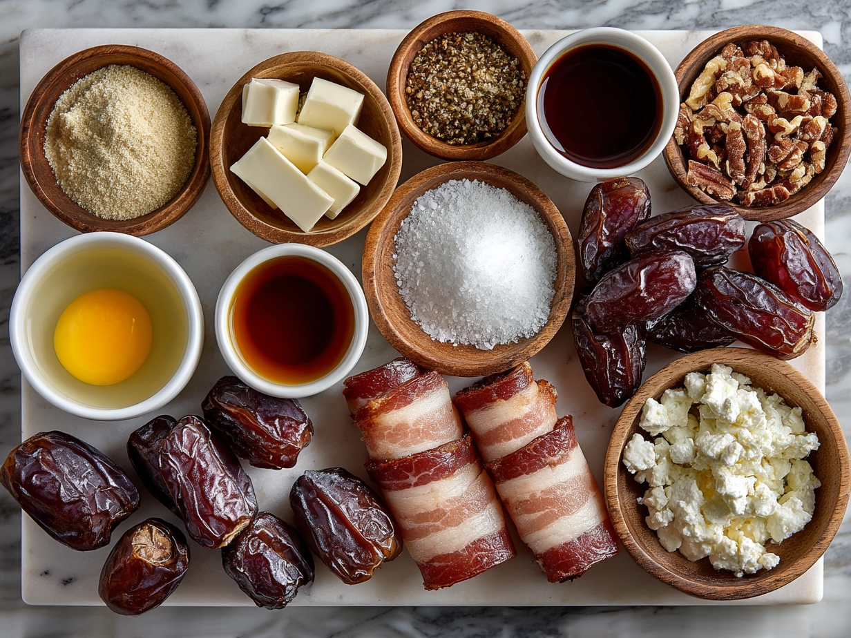 Ingredients for Goat Cheese Stuffed Bacon Wrapped Dates laid out on marble surface