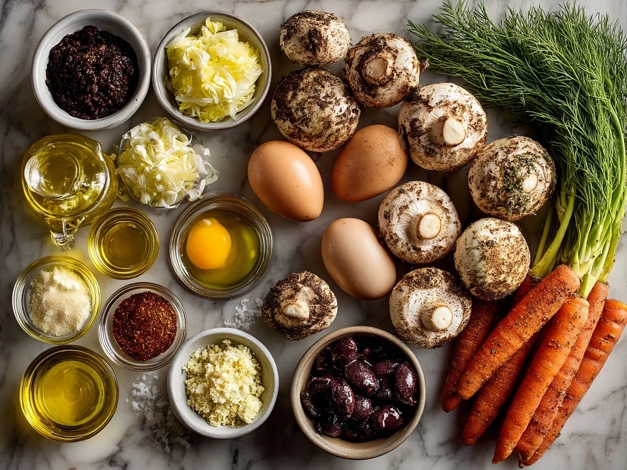 Top down view of raw ingredients for Greek Healing Soup including olive oil, onion, garlic, carrots, rice, chicken, lemons, and fresh dill