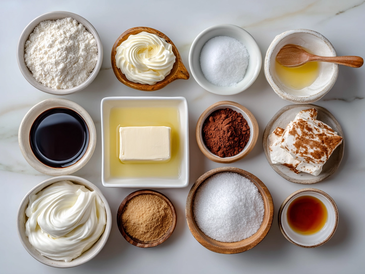 Ingredients for Greek Yogurt Jello Fluff laid out on marble surface