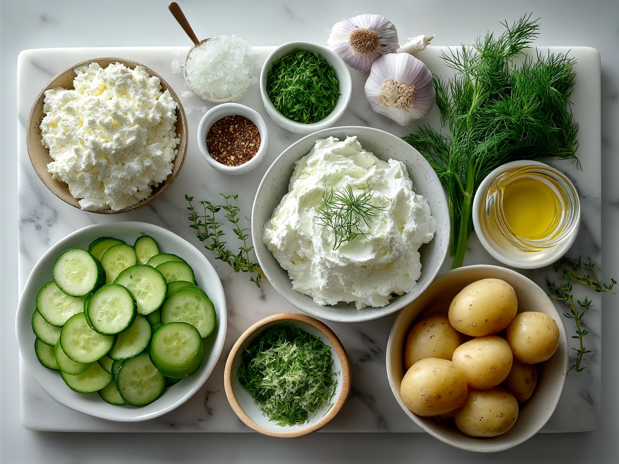 Ingredients for Greek Yogurt Potato Salad with Cucumbers laid out on a wooden table