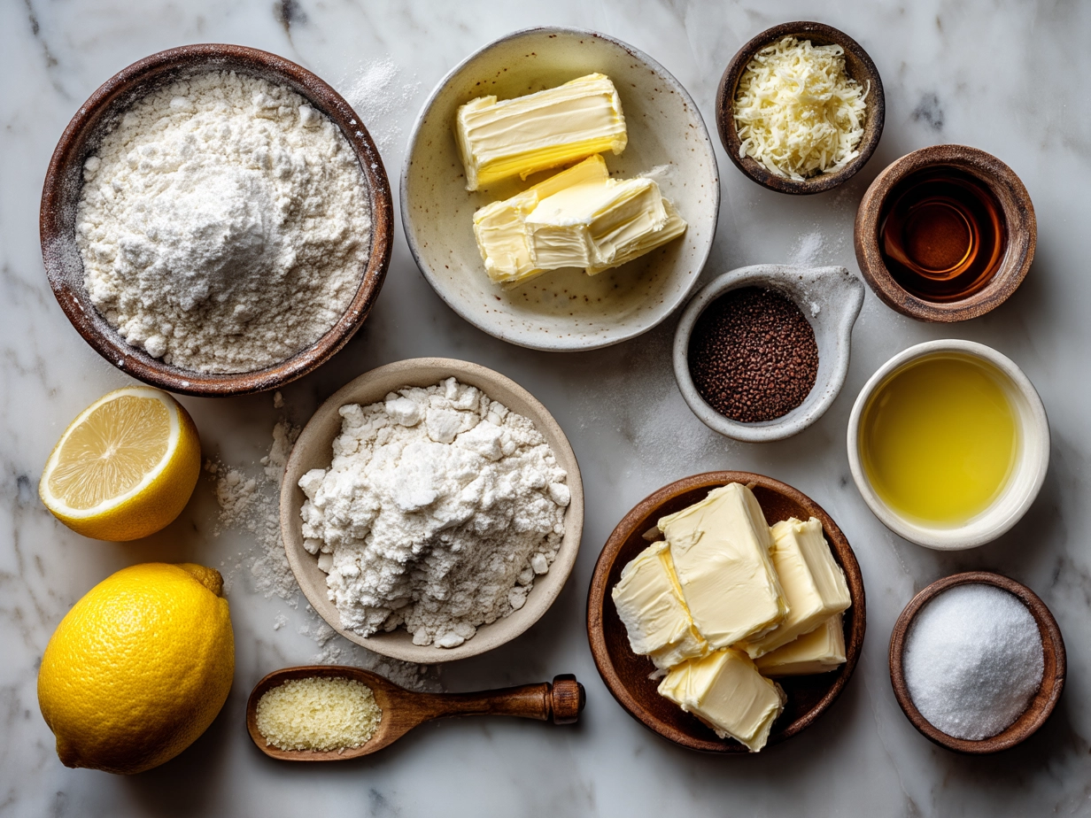 Raw ingredients for lemon crinkle cookies on marble surface