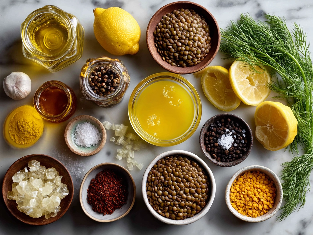 Top-down view of raw ingredients for lemon lentil soup including lentils, lemon, carrot, onion, garlic, and herbs