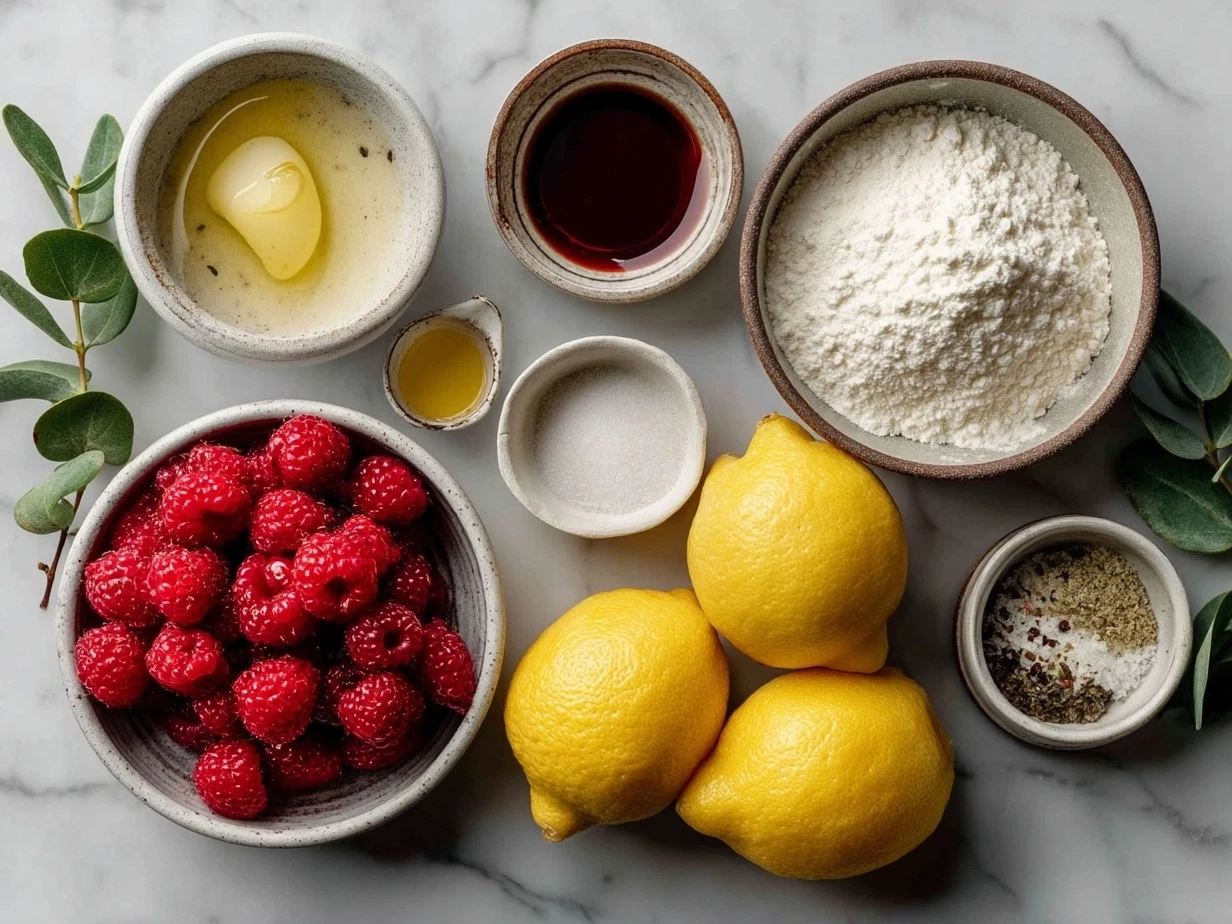 Top down view of raw ingredients for Lemon Raspberry Bars on a marble countertop