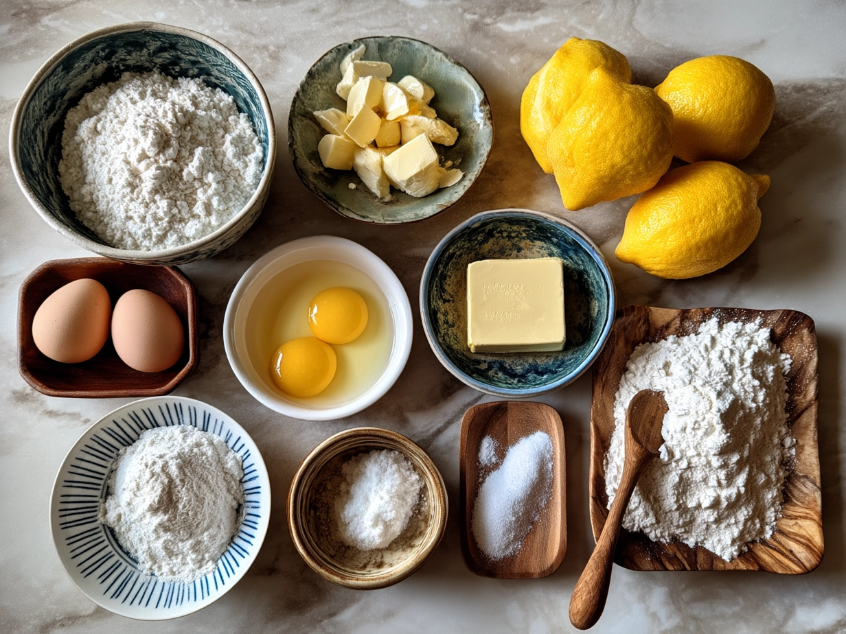 Raw ingredients for limoncello cake on marble surface