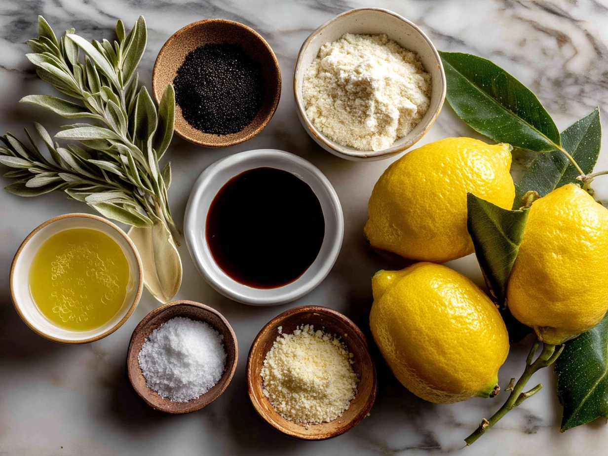 Top-down view of raw ingredients for homemade Limoncello recipe including lemons, sugar, and water in containers