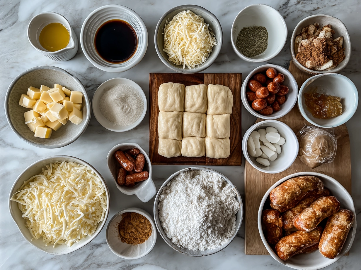 Top down raw ingredients for Little Smokies in Crescent Rolls on marble surface