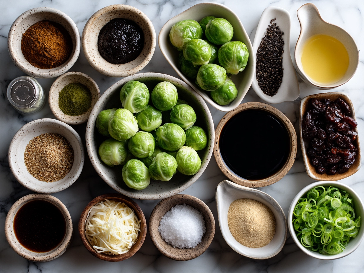Raw ingredients for Maple Balsamic Roasted Brussels Sprouts - Brussels sprouts, olive oil, maple syrup, balsamic vinegar, spices