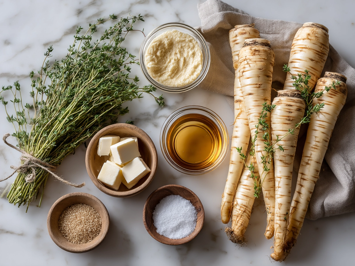 Top down raw ingredients for Maple Roasted Parsnips with Thyme on marble background