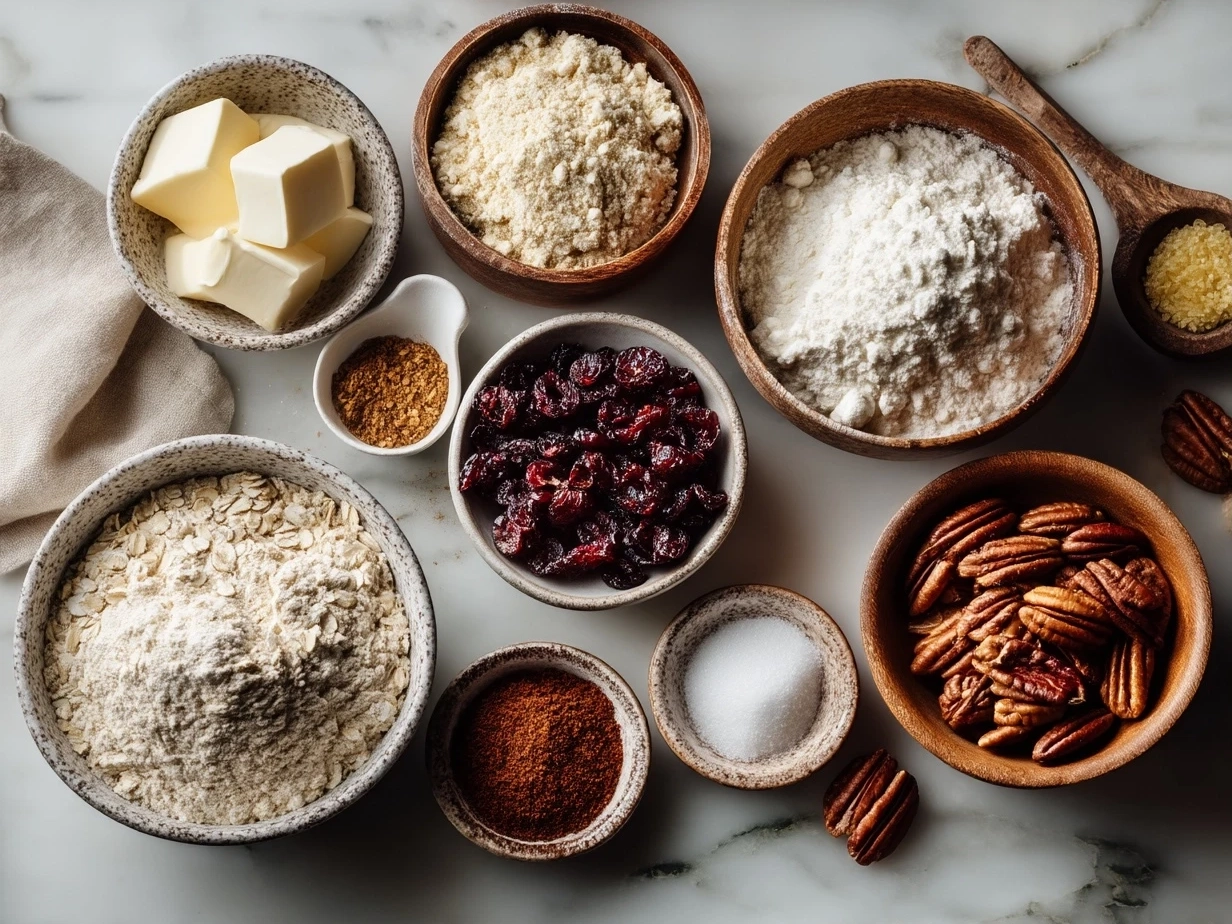 Top down view of raw ingredients for oatmeal cranberry pecan cookies including oats, flour, pecans, cranberries, and spices