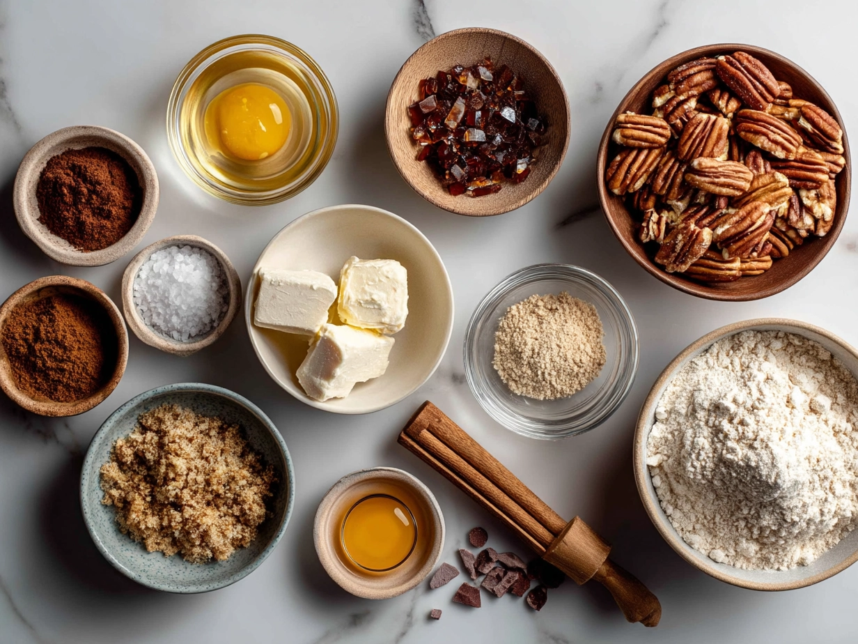 Top down view of raw ingredients for pecan pie cookies on marble surface