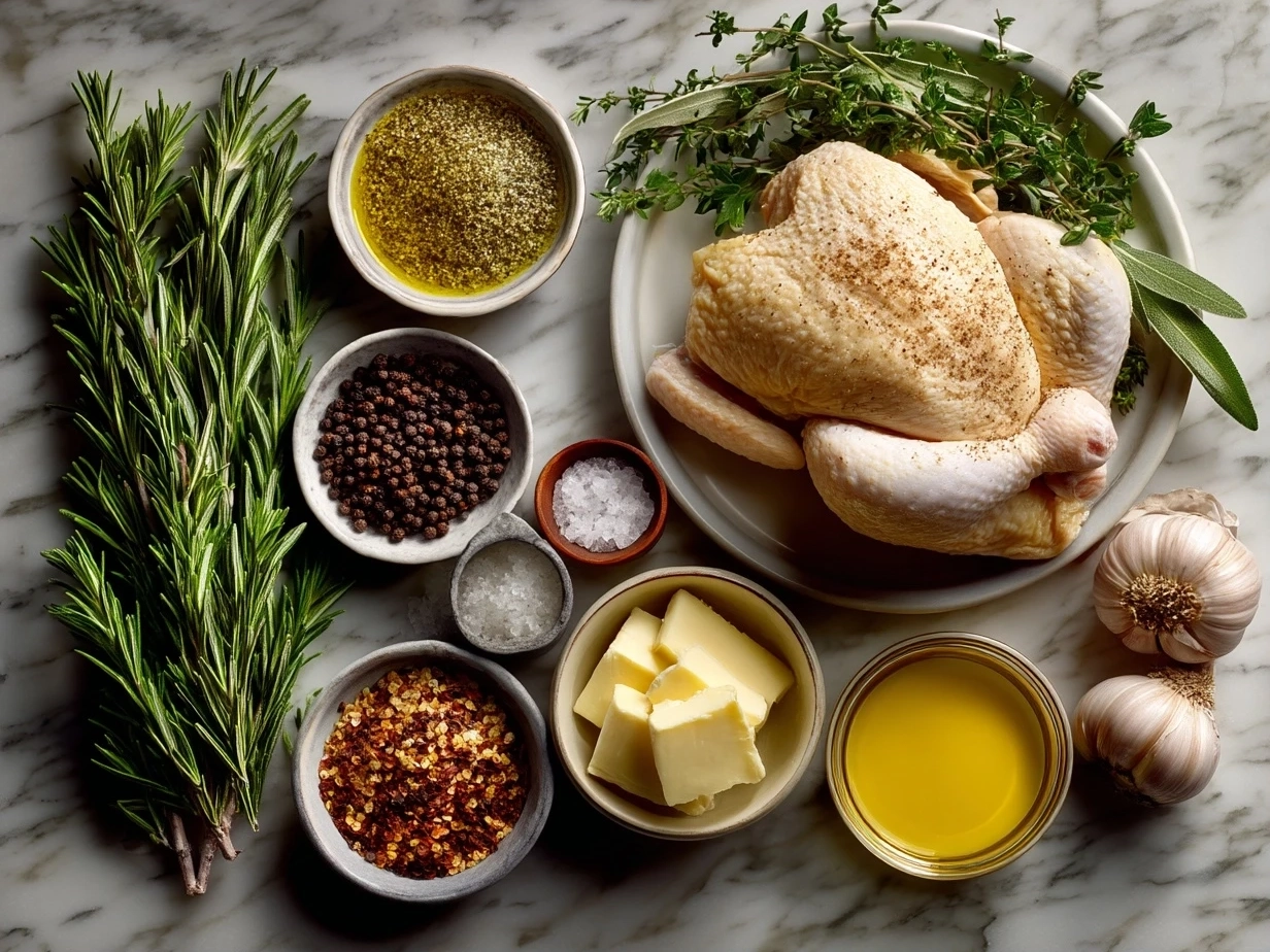 Raw ingredients for Pollo Asado on a marble countertop including chicken, citrus, garlic, and spices