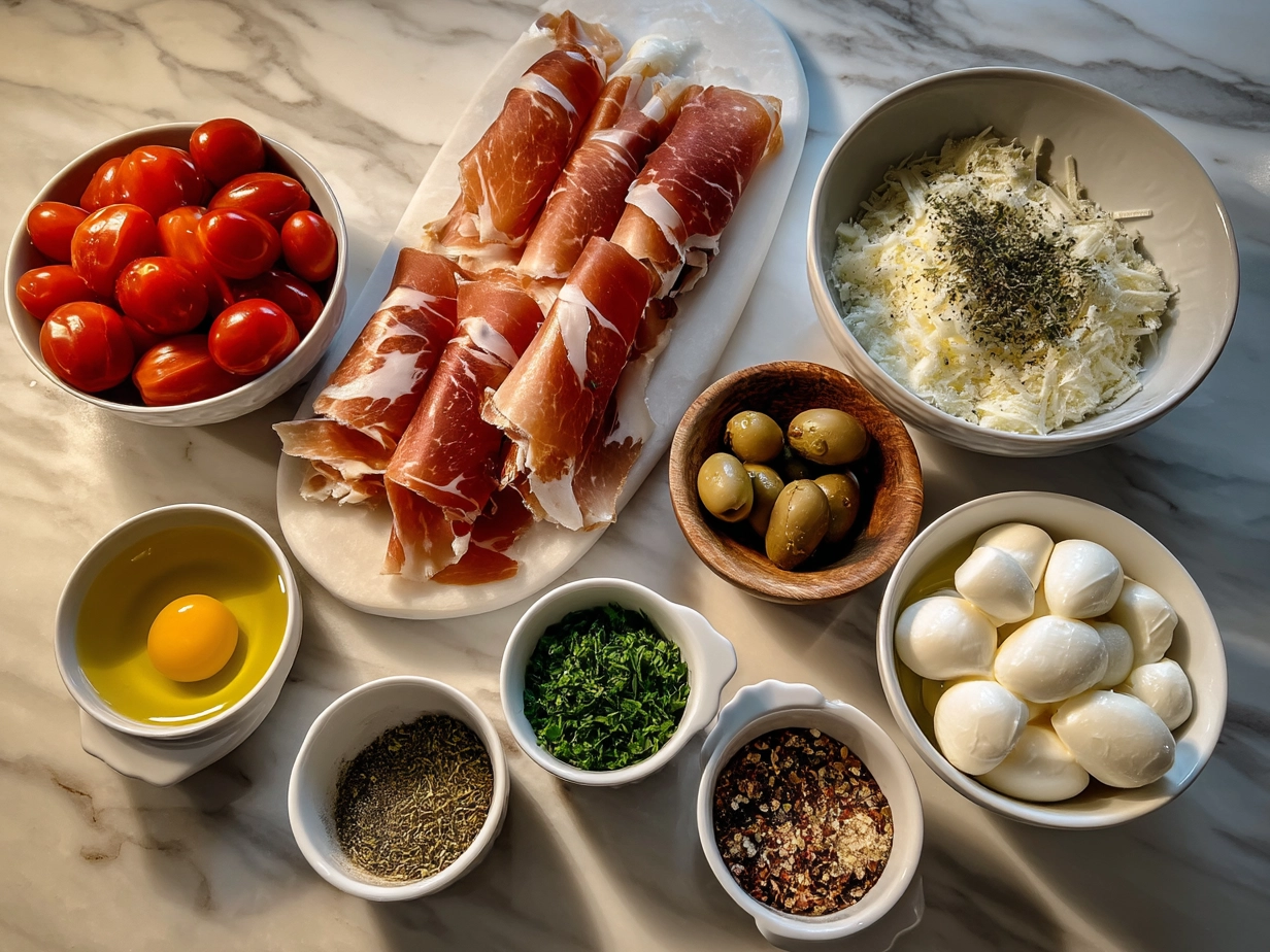 Top down photo of raw ingredients for Prosciutto Wrapped Mozzarella Bites arranged on marble surface