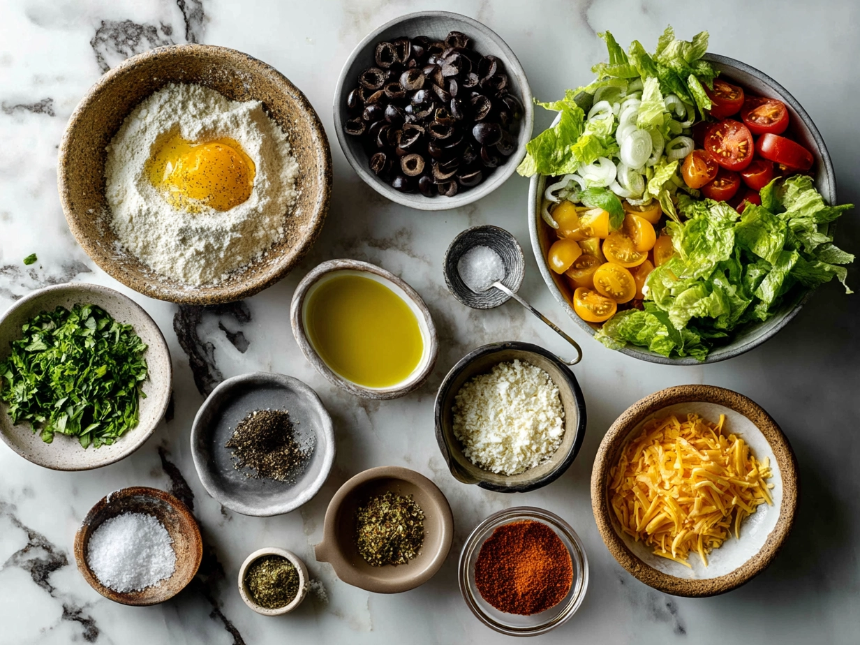 Top down view of raw ingredients for Ranch Taco Party Bowl displayed on a kitchen counter