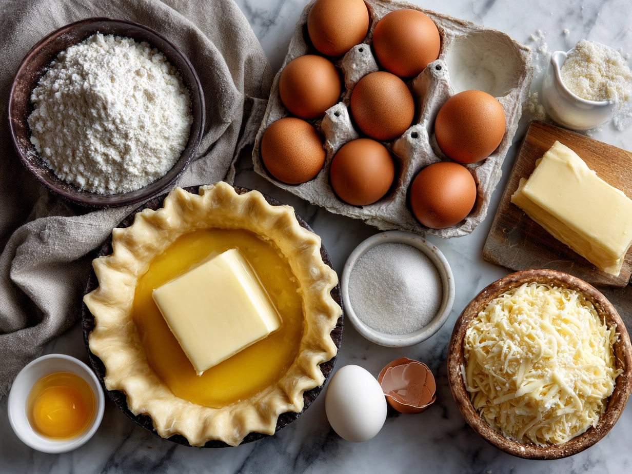 Top-down view of raw ingredients for shrimp cheddar pie including shrimp, cheddar cheese, eggs, onions, garlic, flour, and spices arranged on a marble surface