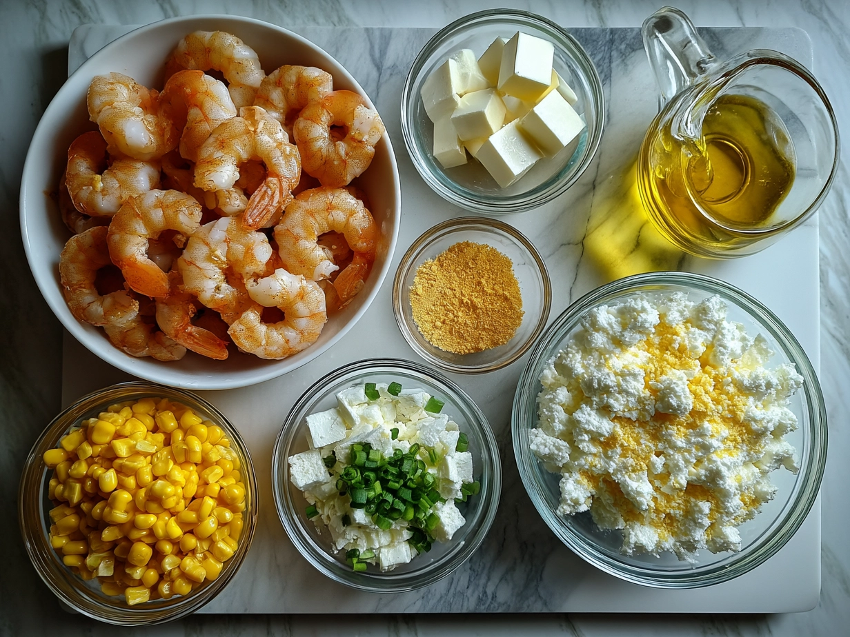 Top down view of raw ingredients for Shrimp with Creamed Corn Feta on marble surface