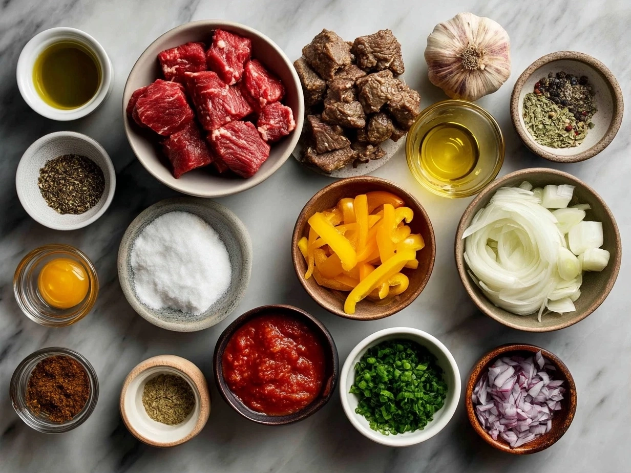 Raw ingredients for slow cooker goulash on marble, mise en place in modern kitchen