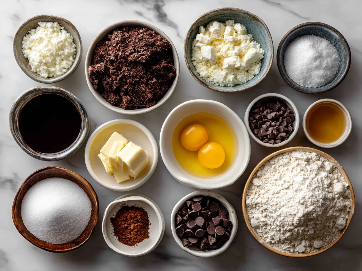 Top down view of raw ingredients for sour cream chocolate loaf cake on marble surface with modern kitchen organized mise en place