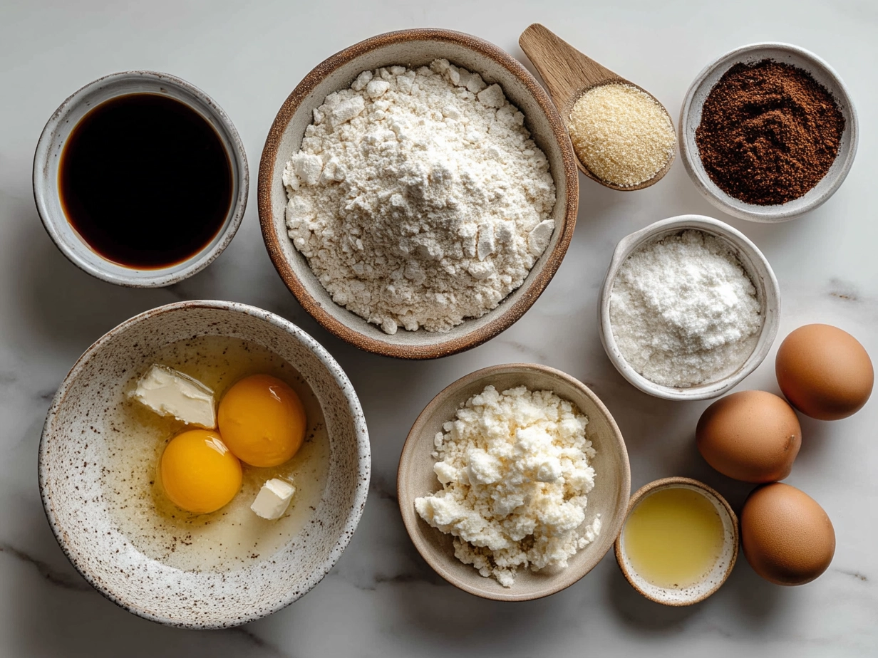 Raw ingredients for sourdough coffee cake muffins laid out on a table