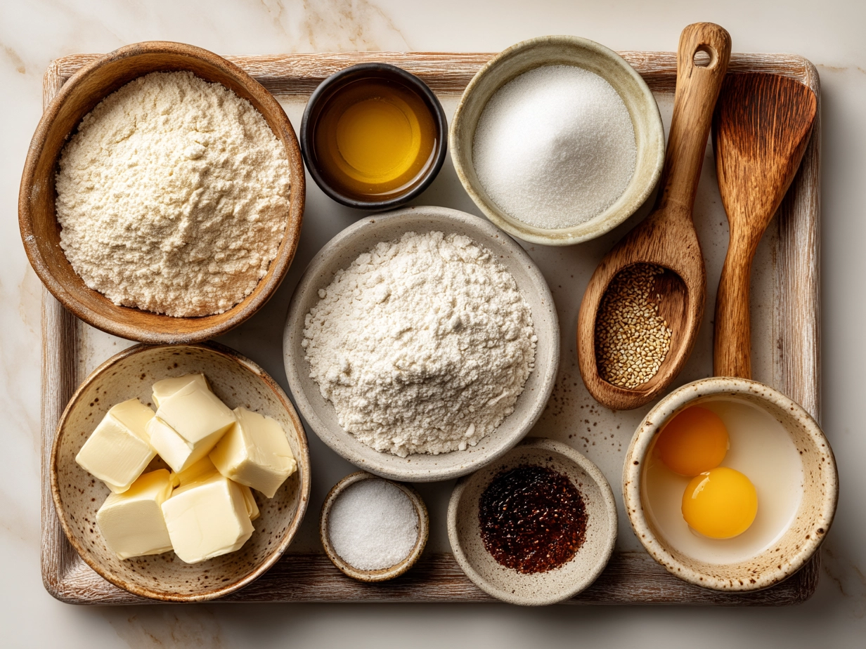 Raw ingredients for sourdough discard pancakes on marble surface