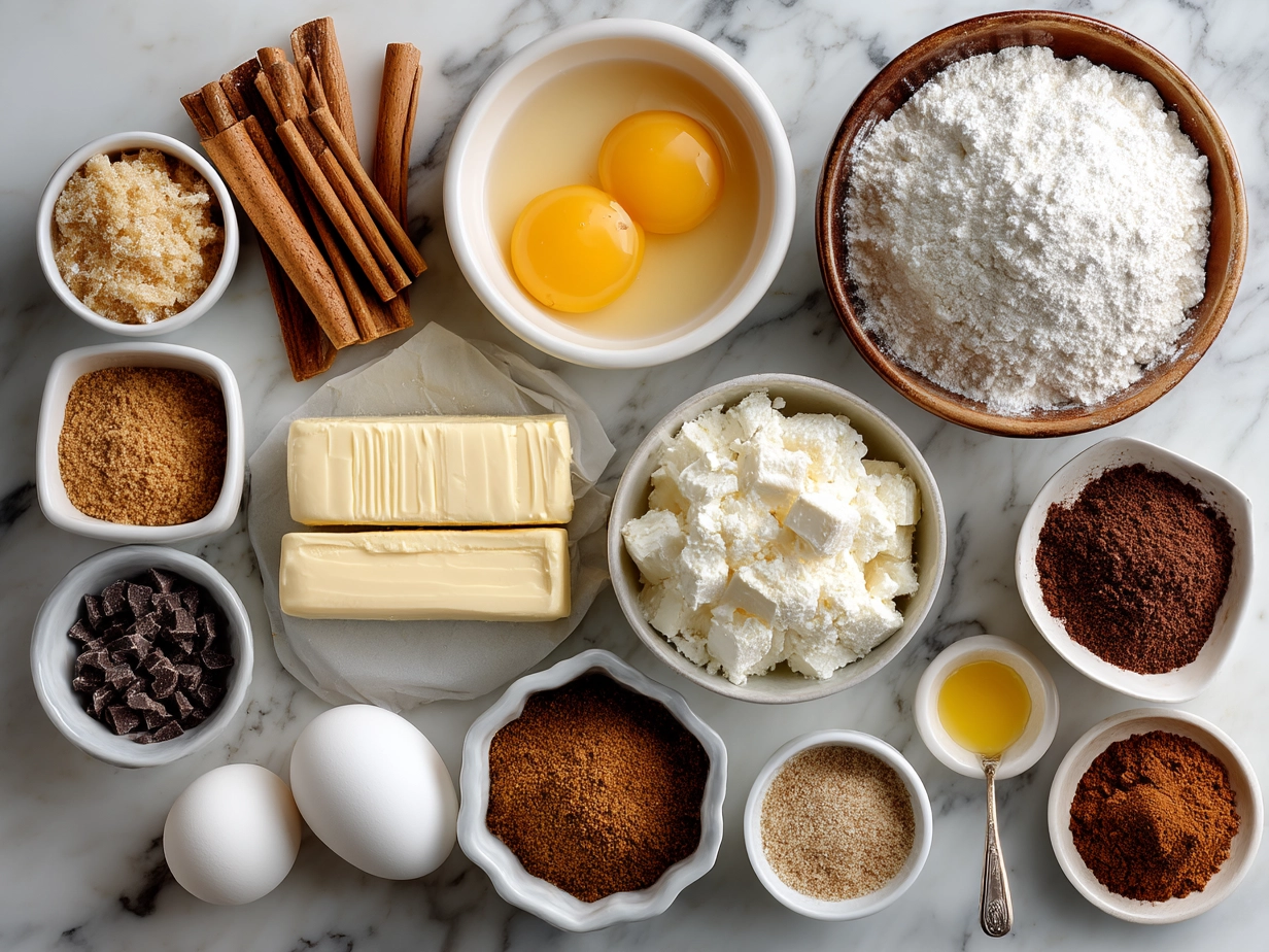 Top down raw ingredients for Spanish Churro-Inspired Pancakes on white marble