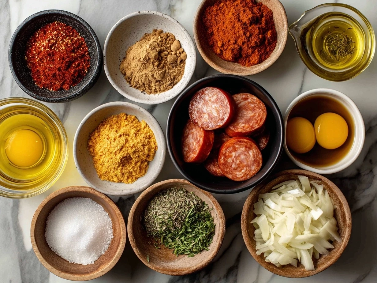 Top-down view of raw ingredients for Spicy Jambalaya Soup with Andouille Sausage Chicken