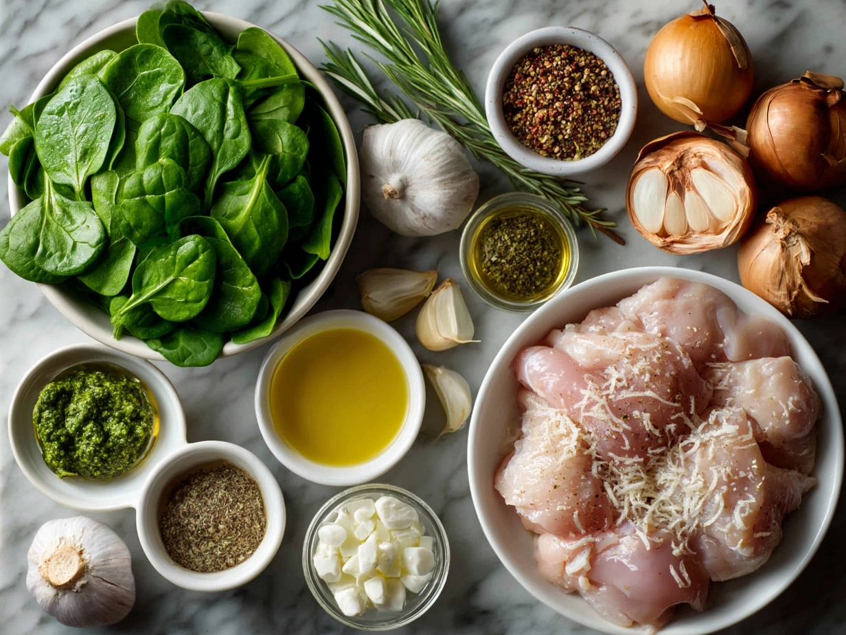 Fresh raw ingredients for spinach garlic chicken on marble surface