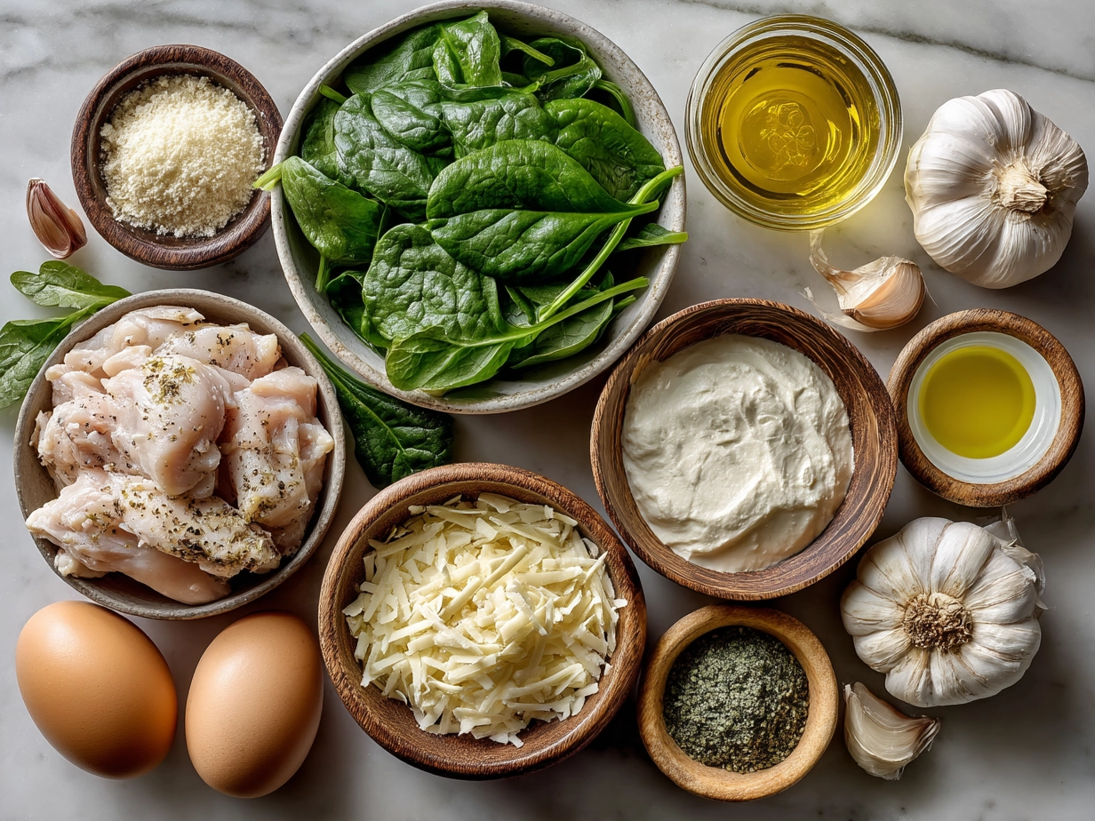Raw ingredients including chicken, garlic, spinach, and spices for spinach garlic chicken recipe