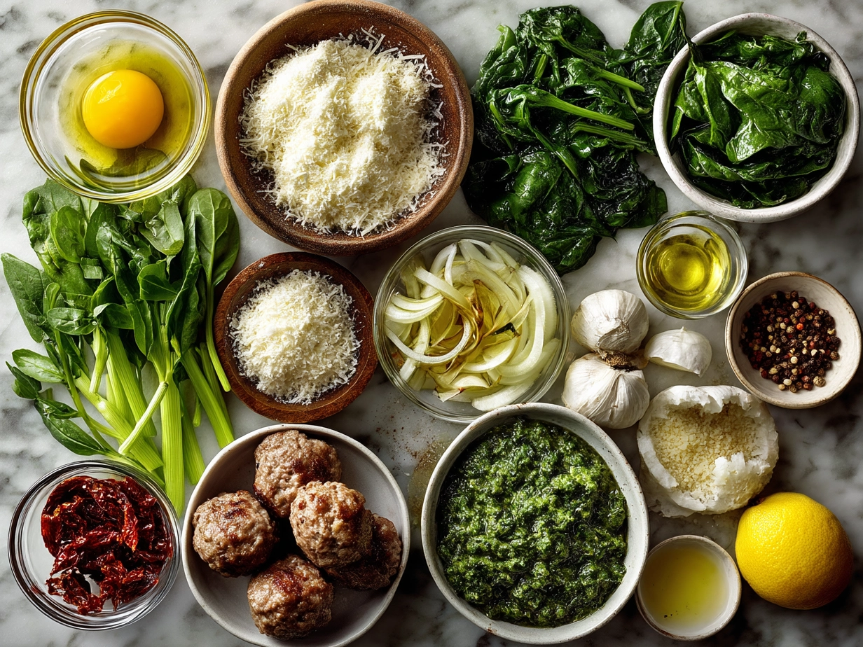 Top-down view of raw ingredients for spinach garlic meatballs on marble surface